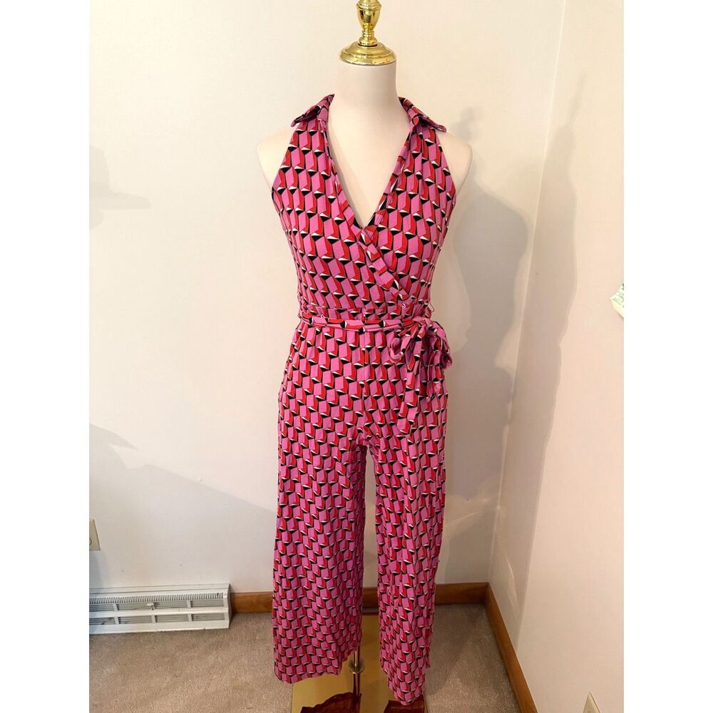 DVF x Target Pink Modern Geo Jumpsuit XS Wrap Wide Leg Belted Retro
